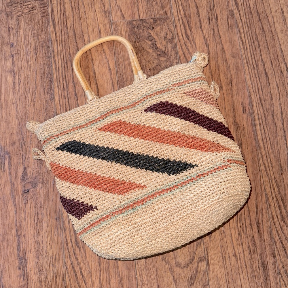 Vintage Woven Knit Bag Purse Boho Handmade Artisan Beach Bamboo Macrame Retro